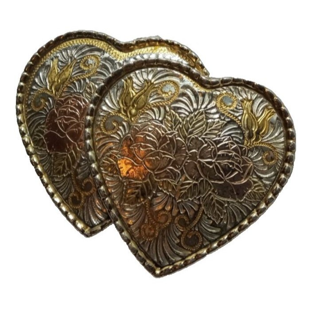 Vintage American Heritage Belt Buckle Double Heart Rose Gold Silver Tone Floral